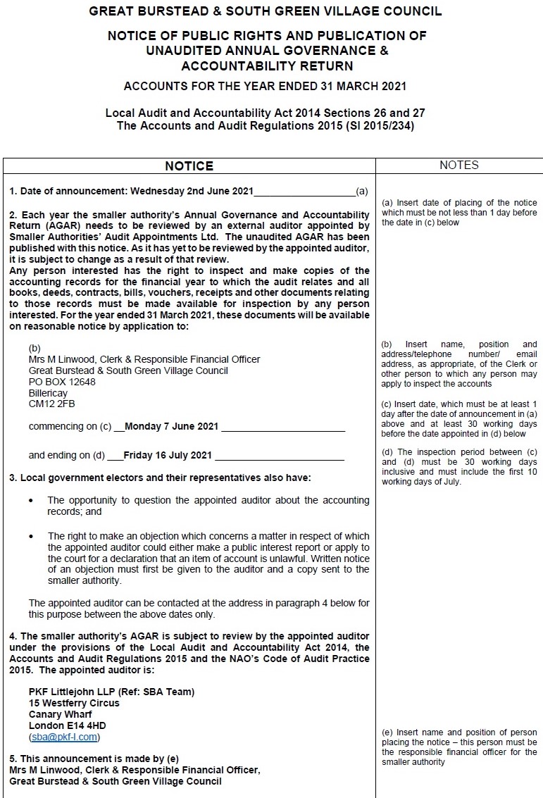 Notice of public rights and publication of unaudited annual governance & accountability return
