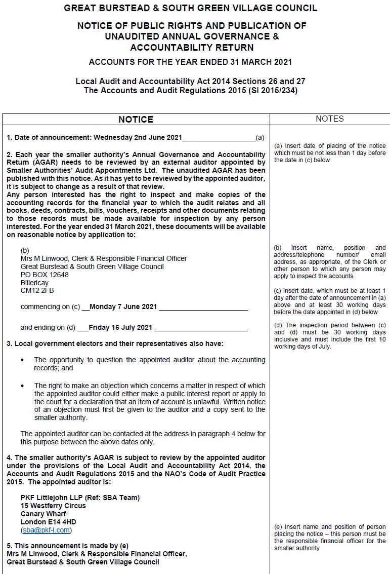 Notice of public rights and publication of unaudited annual governance & accountability return