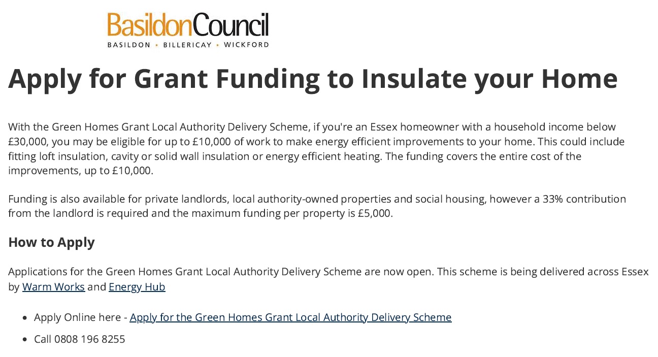 Basildon Borough Council Home Insulation Grant Funding